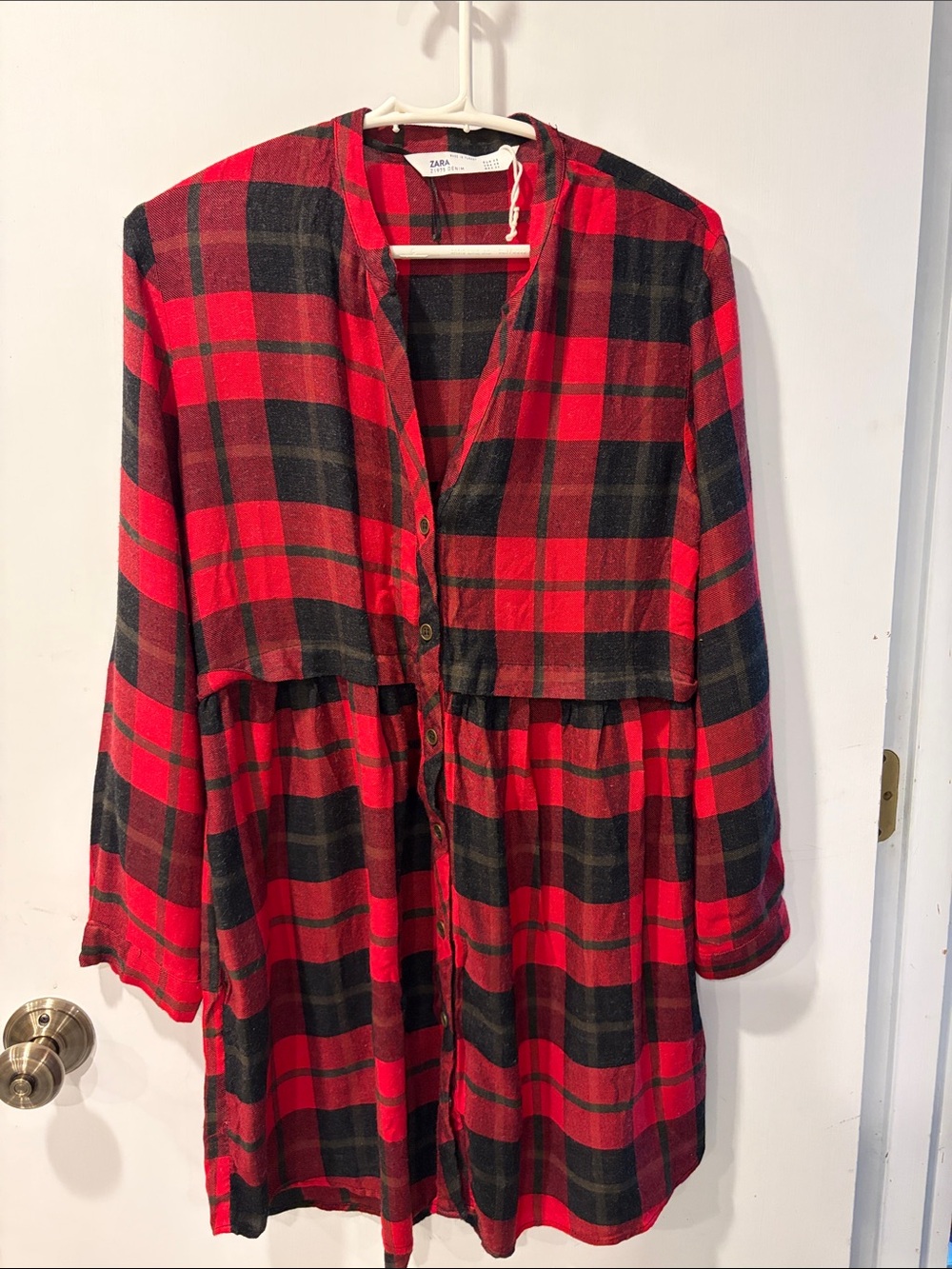 Zara Red & Black Plaid Button-Front Tunic Dress long sleeve w/ pockets XS